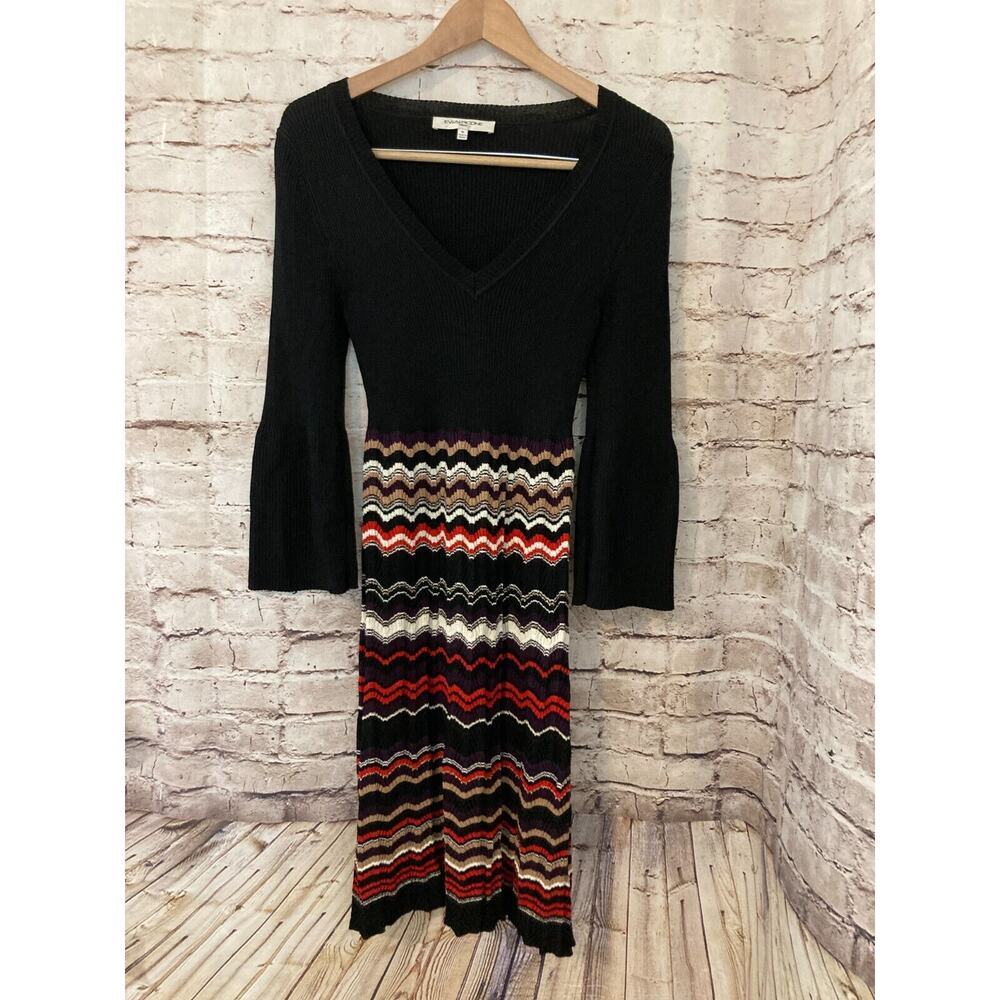 Evan Picone Dress Womens Medium Santana Knit Striped Midi Bell Sleeve Stretch
